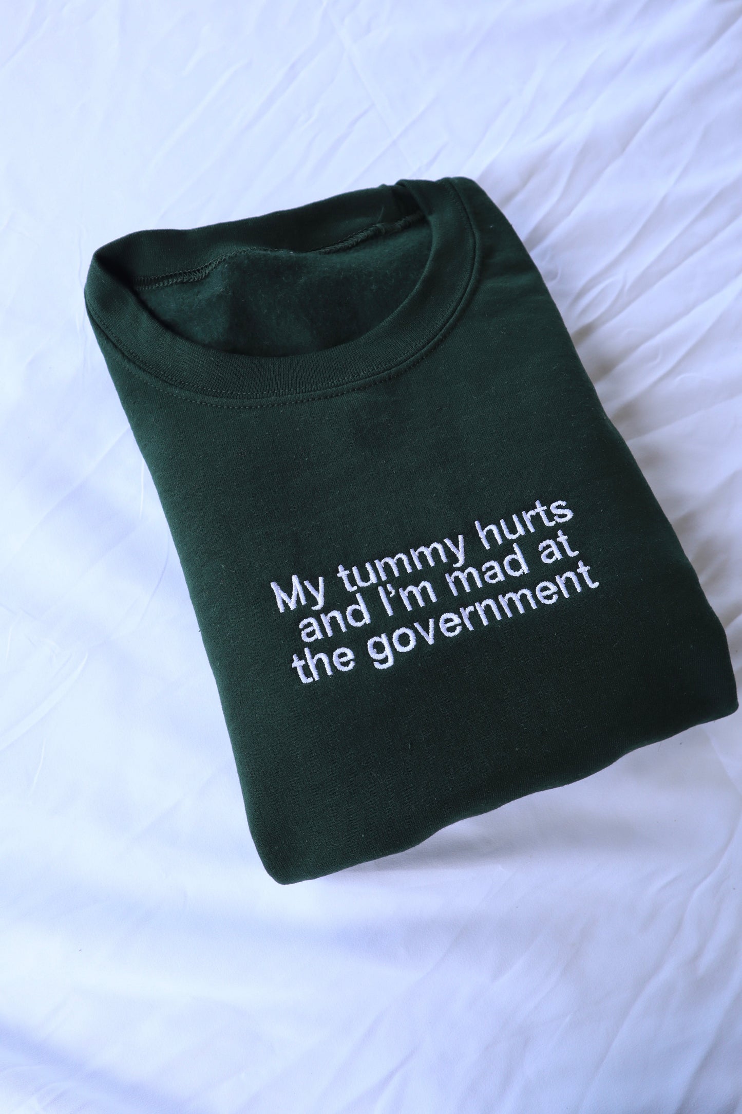 Embroidered 'My Tummy Hurts And Im Mad At The Government' Hoodie or Crew Neck, Long Sleeve, Classic fit, Unisex, Adult