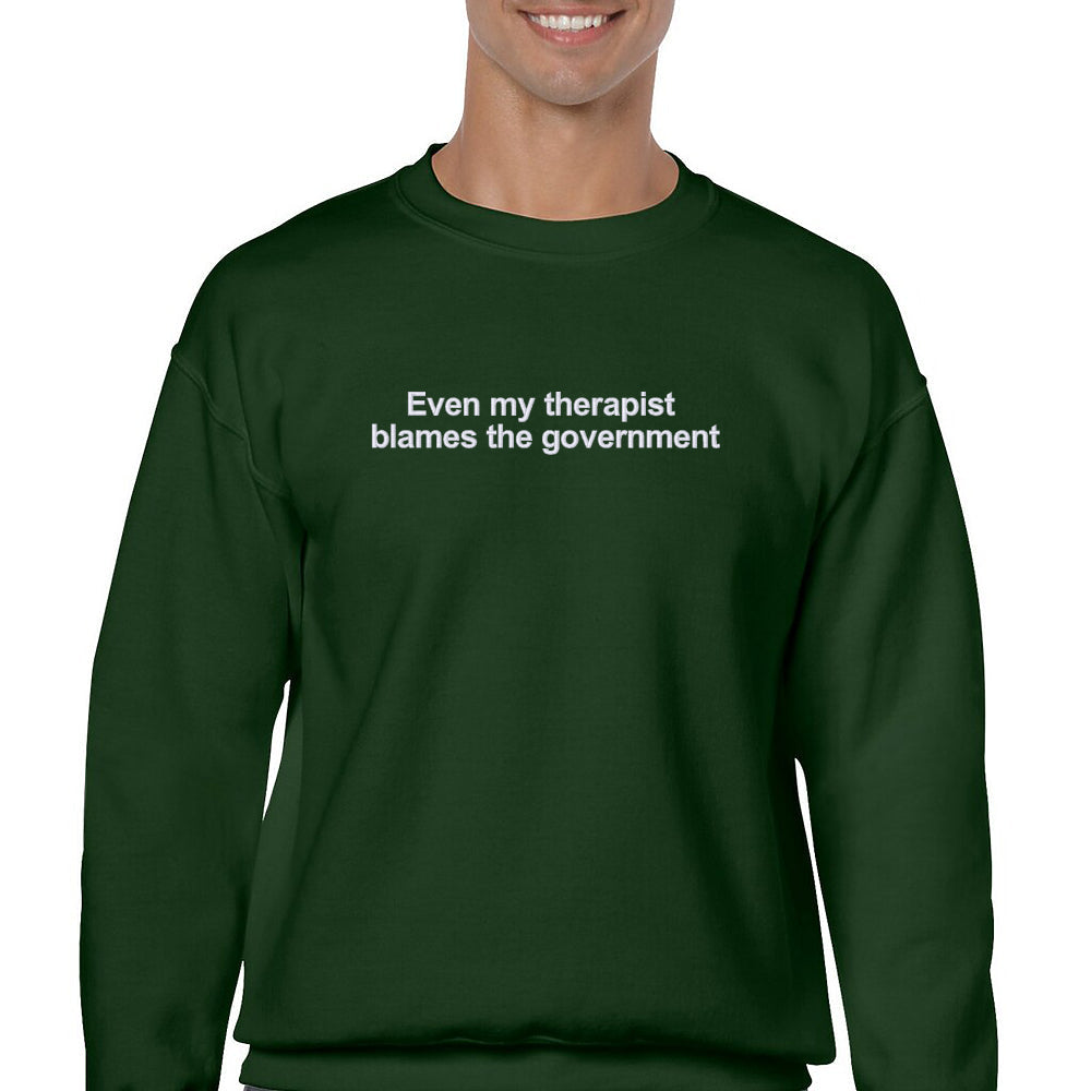 Embroidered 'Even my therapist blames the government' Hoodie or Crew Neck, Long Sleeve, Classic fit, Unisex, Adult