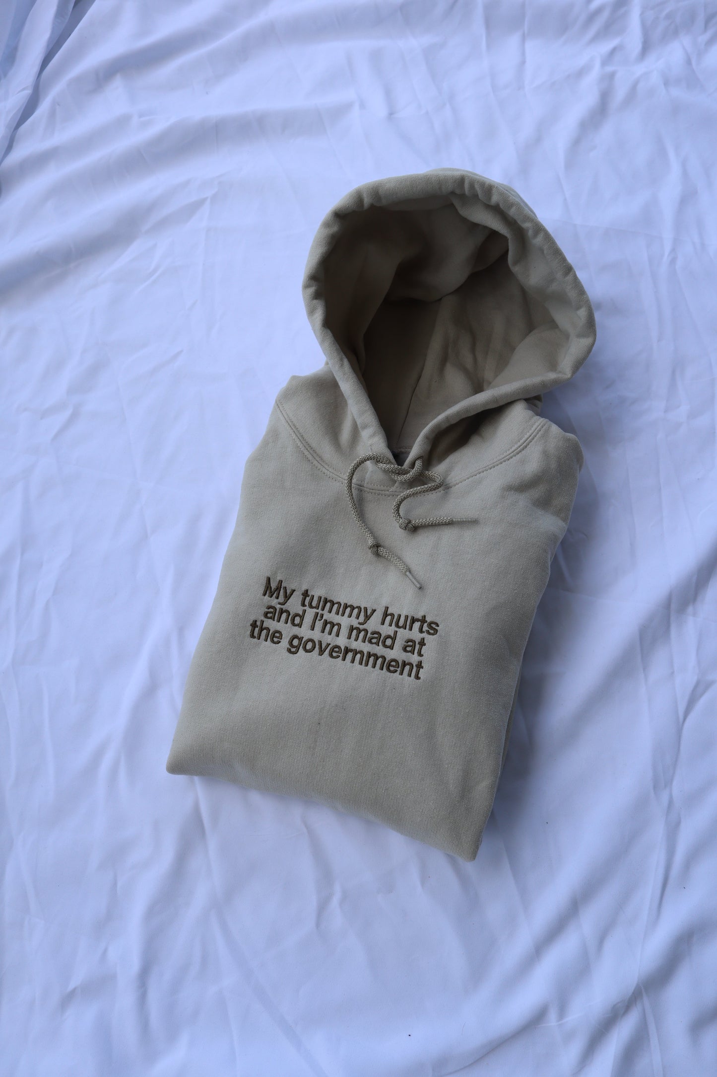 Embroidered 'My Tummy Hurts And Im Mad At The Government' Hoodie or Crew Neck, Long Sleeve, Classic fit, Unisex, Adult