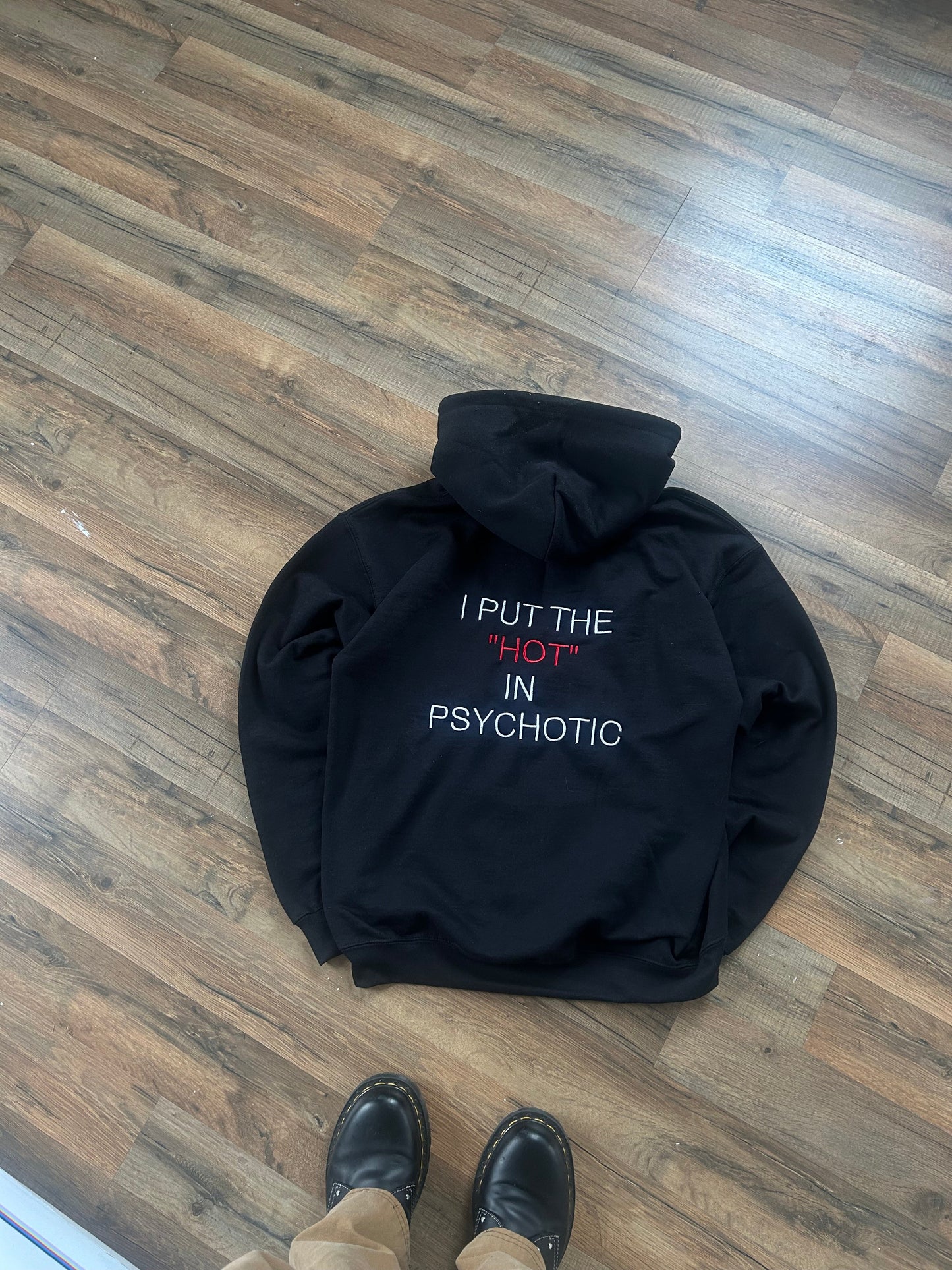 Embroidered 'I Put The Hot In' back of Hoodie or Crewneck, Long Sleeve, Classic fit, Unisex, Adult