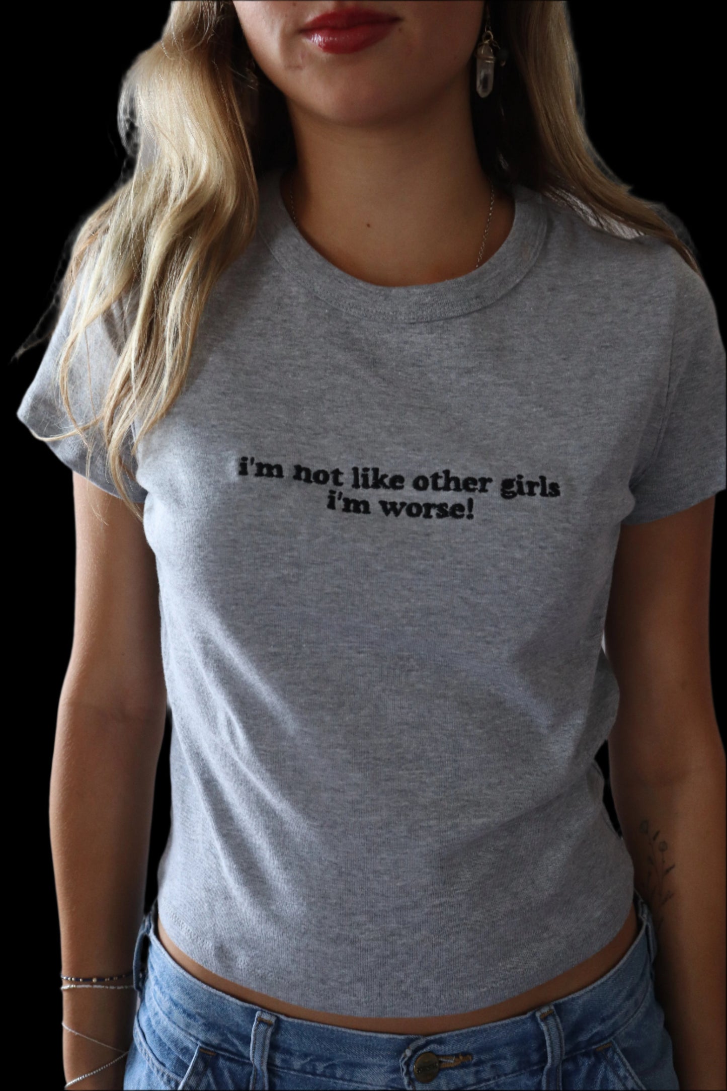 Embroidered ‘I'm Not Like Other Girls I'm Worse' Cropped Short Sleeve T-Shirt, Petite Fit, Adult Female