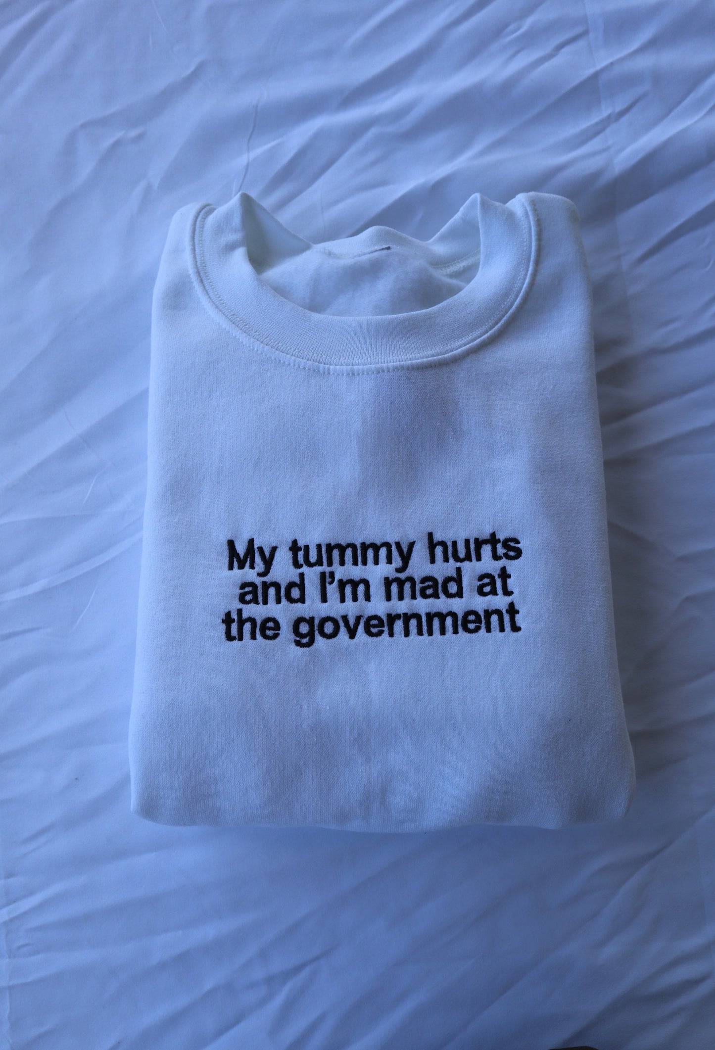 Embroidered 'My Tummy Hurts And Im Mad At The Government' Hoodie or Crew Neck, Long Sleeve, Classic fit, Unisex, Adult