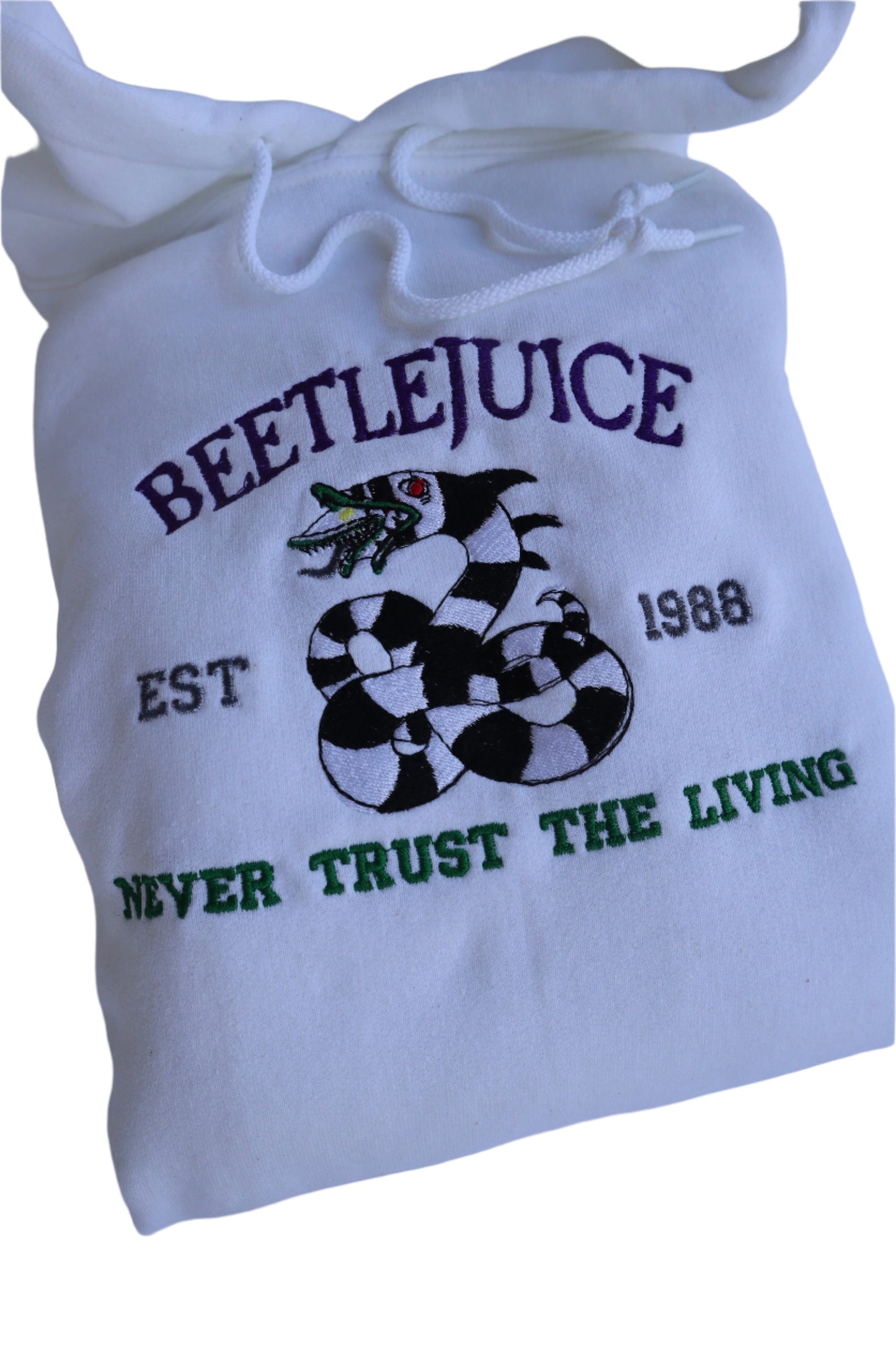 Embroidered 'Beetle Never Trust The Living' Hoodie or Crew Neck, Long Sleeve, Classic fit, Unisex, Adult