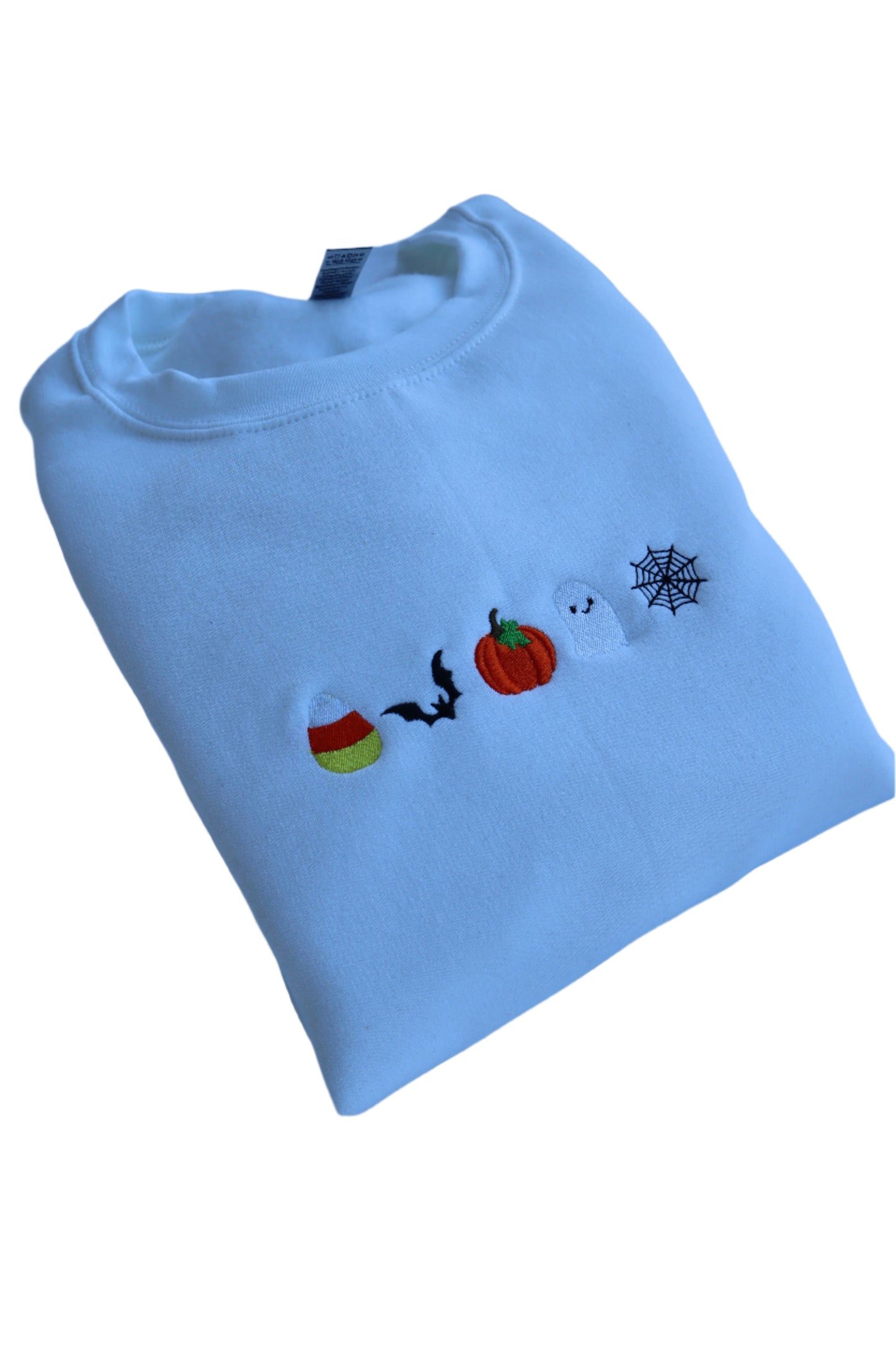 Embroidered 'Candy Corn, Bat, Pumpkin, Ghost, Spider Web' Hoodie or Crew Neck, Long Sleeve, Classic fit, Unisex, Adult