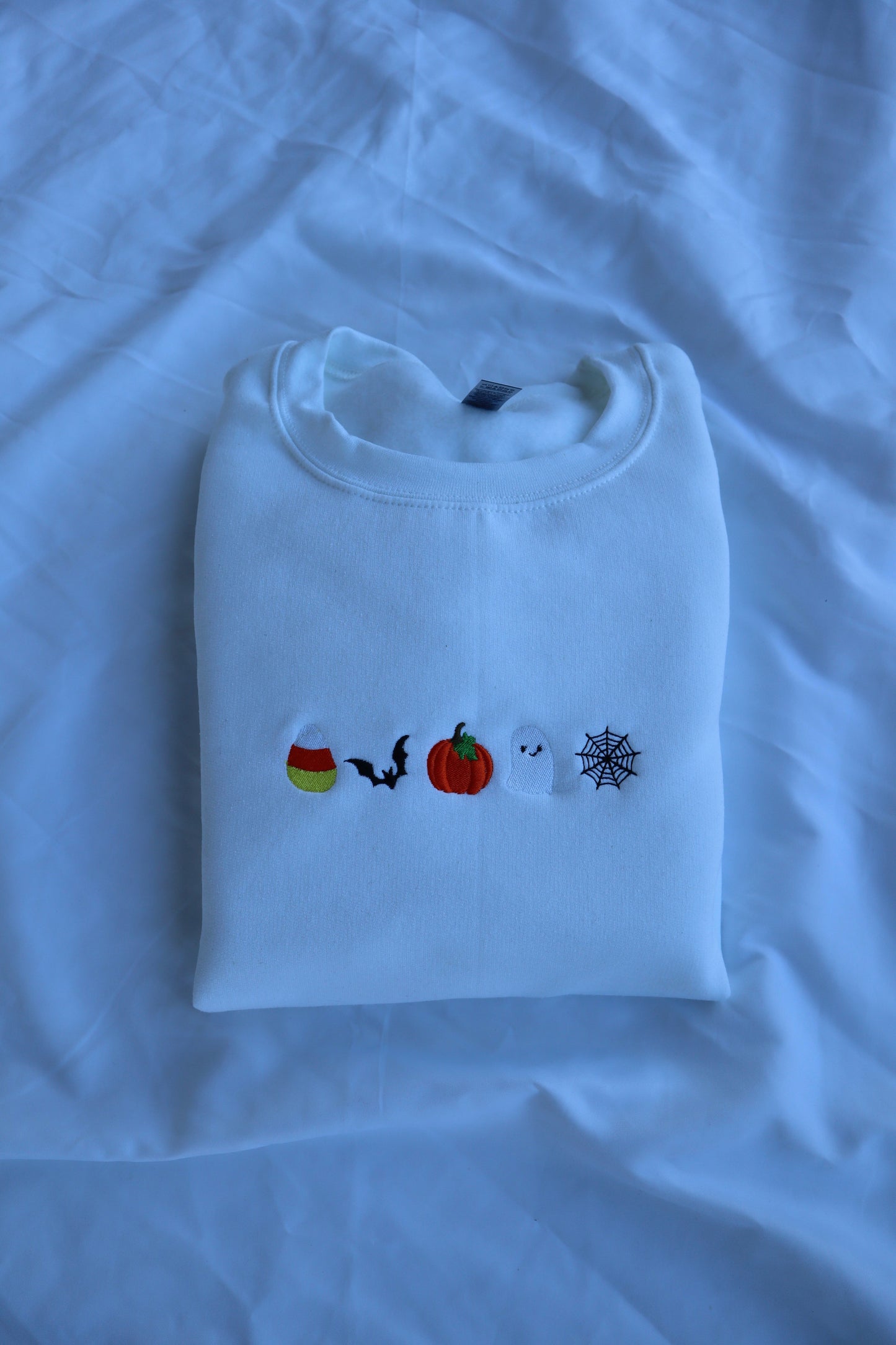 Embroidered 'Candy Corn, Bat, Pumpkin, Ghost, Spider Web' Hoodie or Crew Neck, Long Sleeve, Classic fit, Unisex, Adult