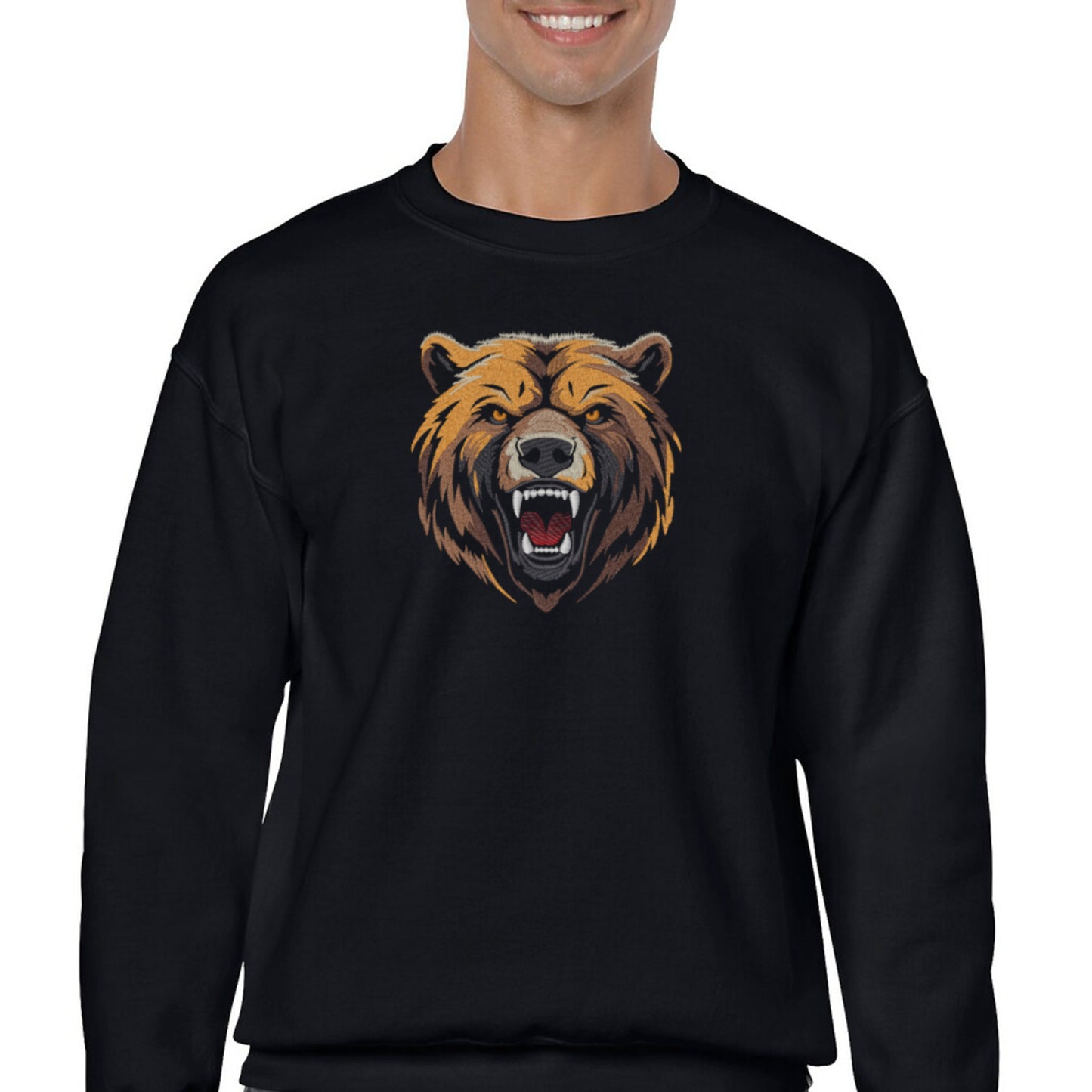Embroidered Bear Head, Hoodie or Crewneck, Long Sleeve, Classic Fit, Unisex, Adult Sweatshirt