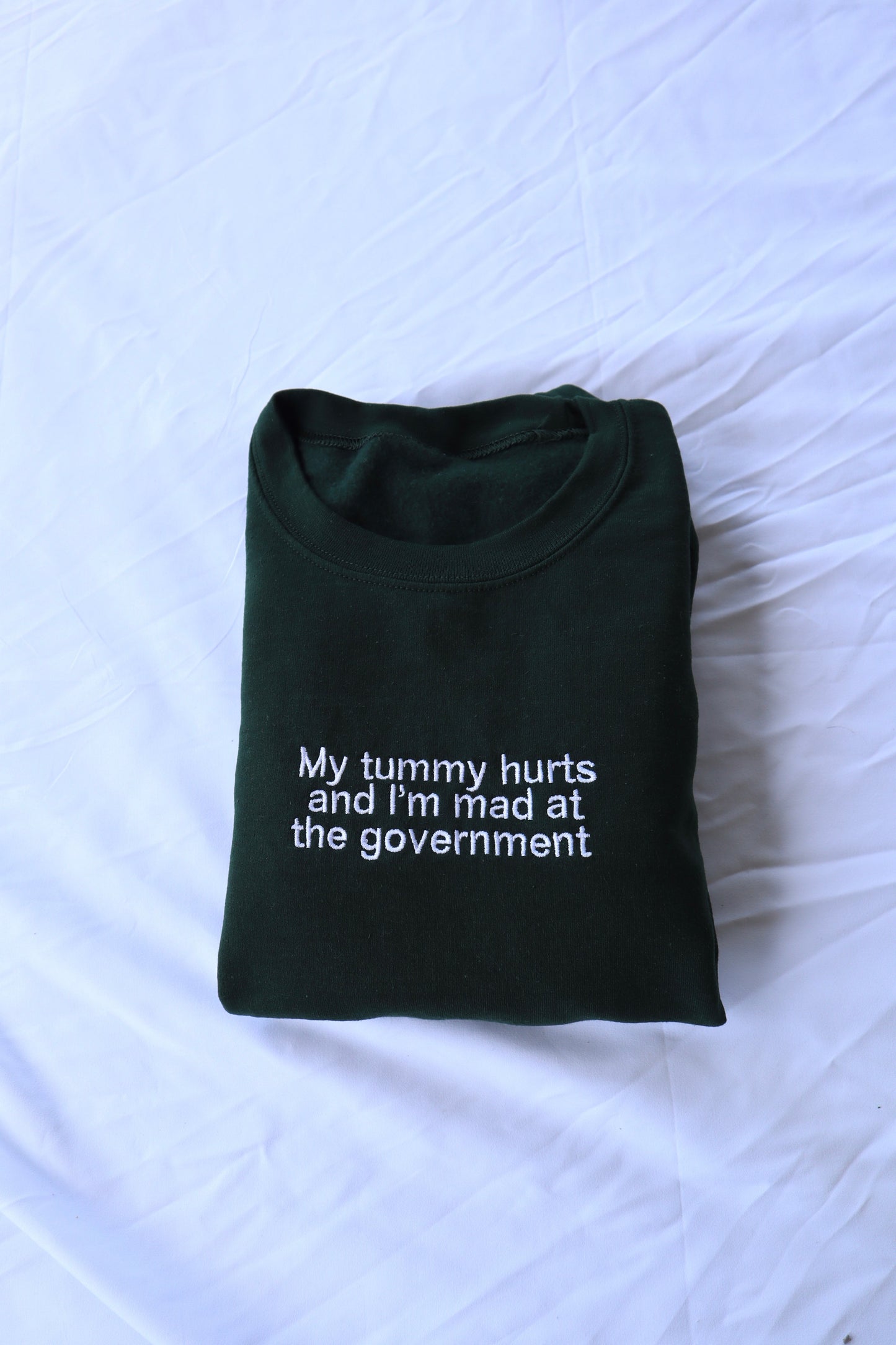 Embroidered 'My Tummy Hurts And Im Mad At The Government' Hoodie or Crew Neck, Long Sleeve, Classic fit, Unisex, Adult