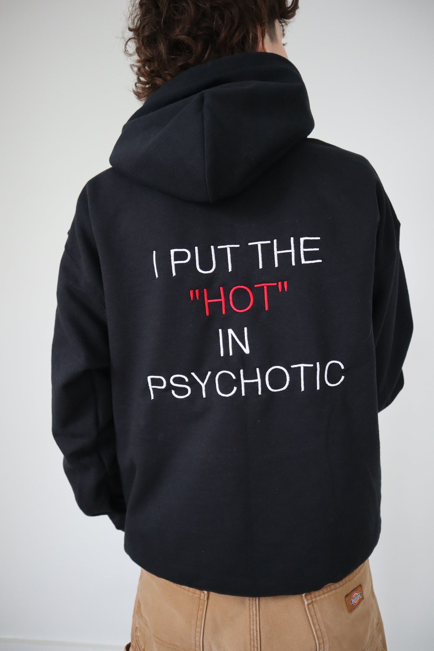 Embroidered 'I Put The Hot In' back of Hoodie or Crewneck, Long Sleeve, Classic fit, Unisex, Adult