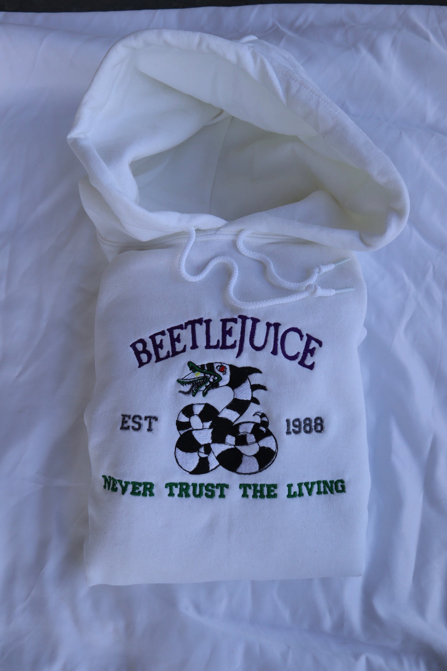 Embroidered 'Beetle Never Trust The Living' Hoodie or Crew Neck, Long Sleeve, Classic fit, Unisex, Adult