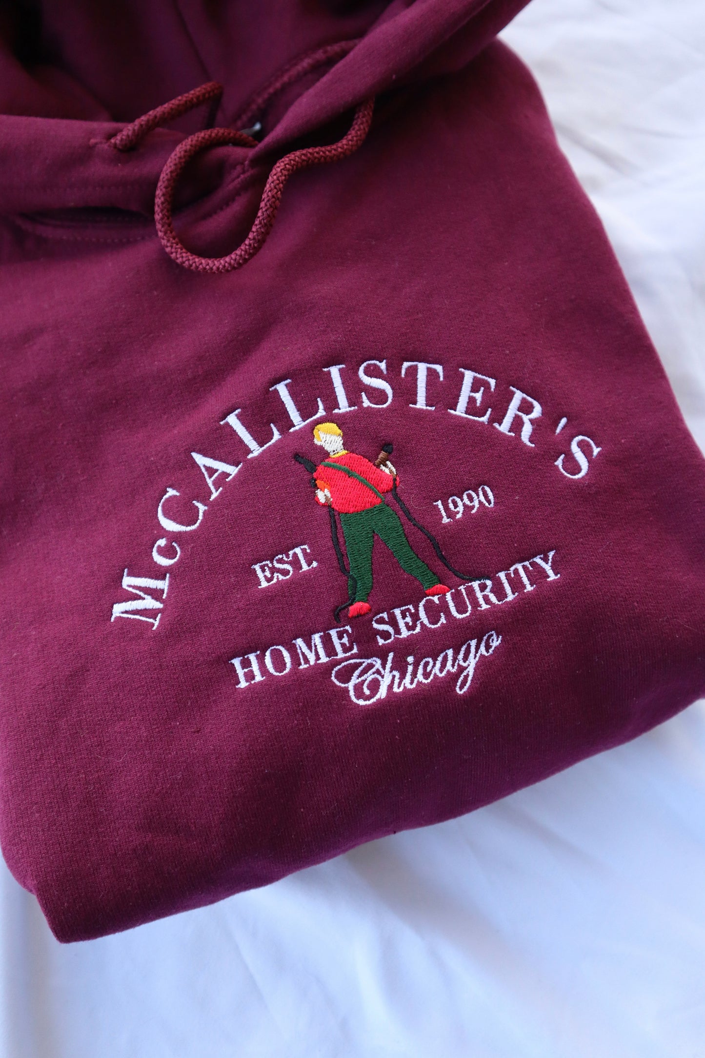 McCallister’s Home Security Embroidered Christmas Hoodie or Crewneck, Chicago Holiday Sweatshirt, Unisex, Classic Fit, Long Sleeve, Adult