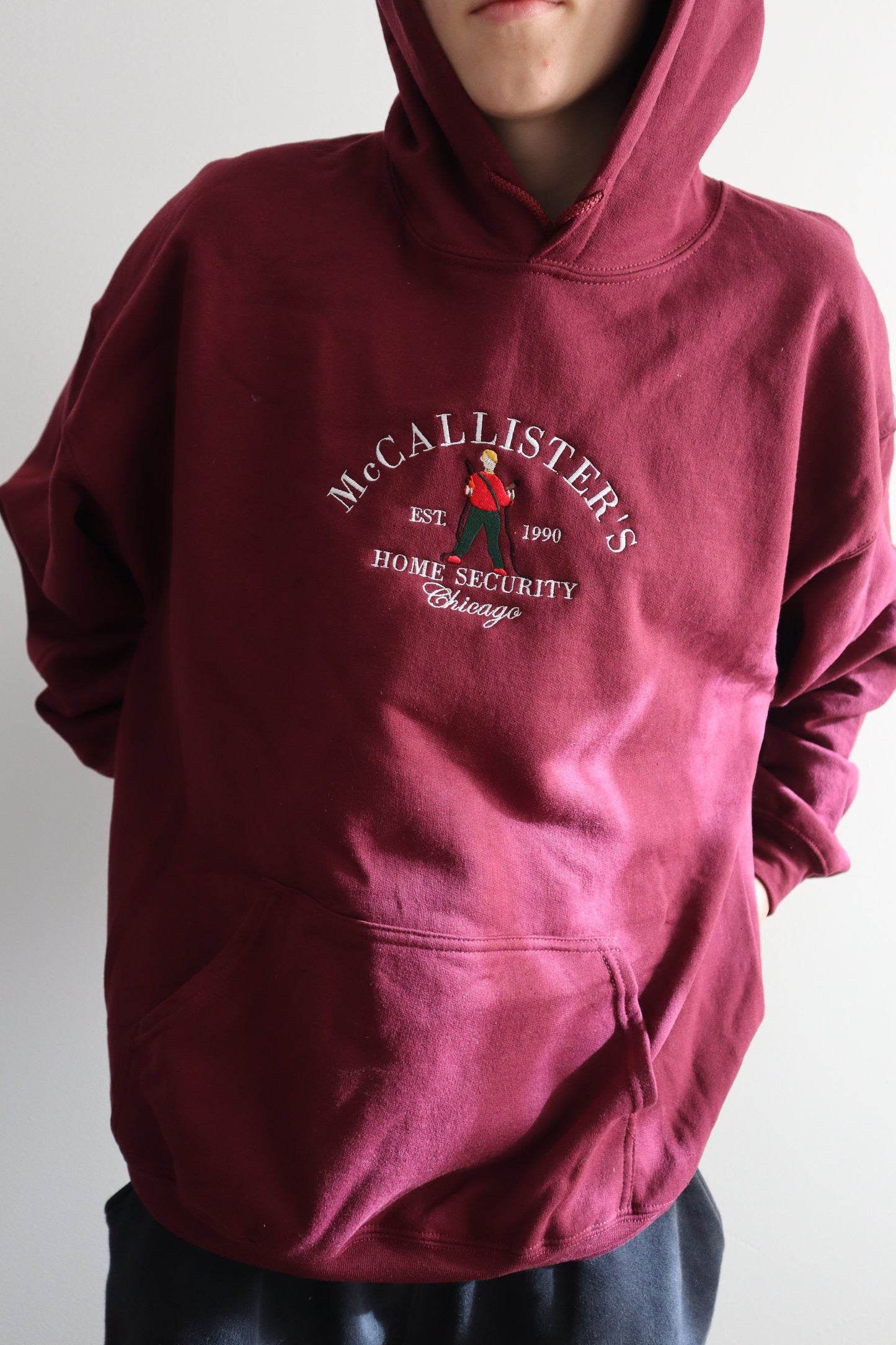 McCallister’s Home Security Embroidered Christmas Hoodie or Crewneck, Chicago Holiday Sweatshirt, Unisex, Classic Fit, Long Sleeve, Adult