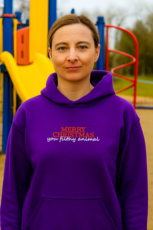Embroidered "Merry Christmas you filthy animal" Christmas Hoodie or Crewneck, Holiday Sweatshirt, Unisex, Classic Fit, Long Sleeve, Adult