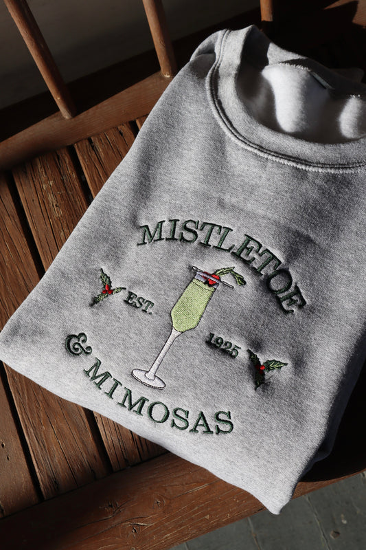 Embroidered Christmas Mistletoe and Mimosas Hoodie or Crewneck, Holiday Sweatshirt, Unisex, Classic Fit, Long Sleeve, Adult