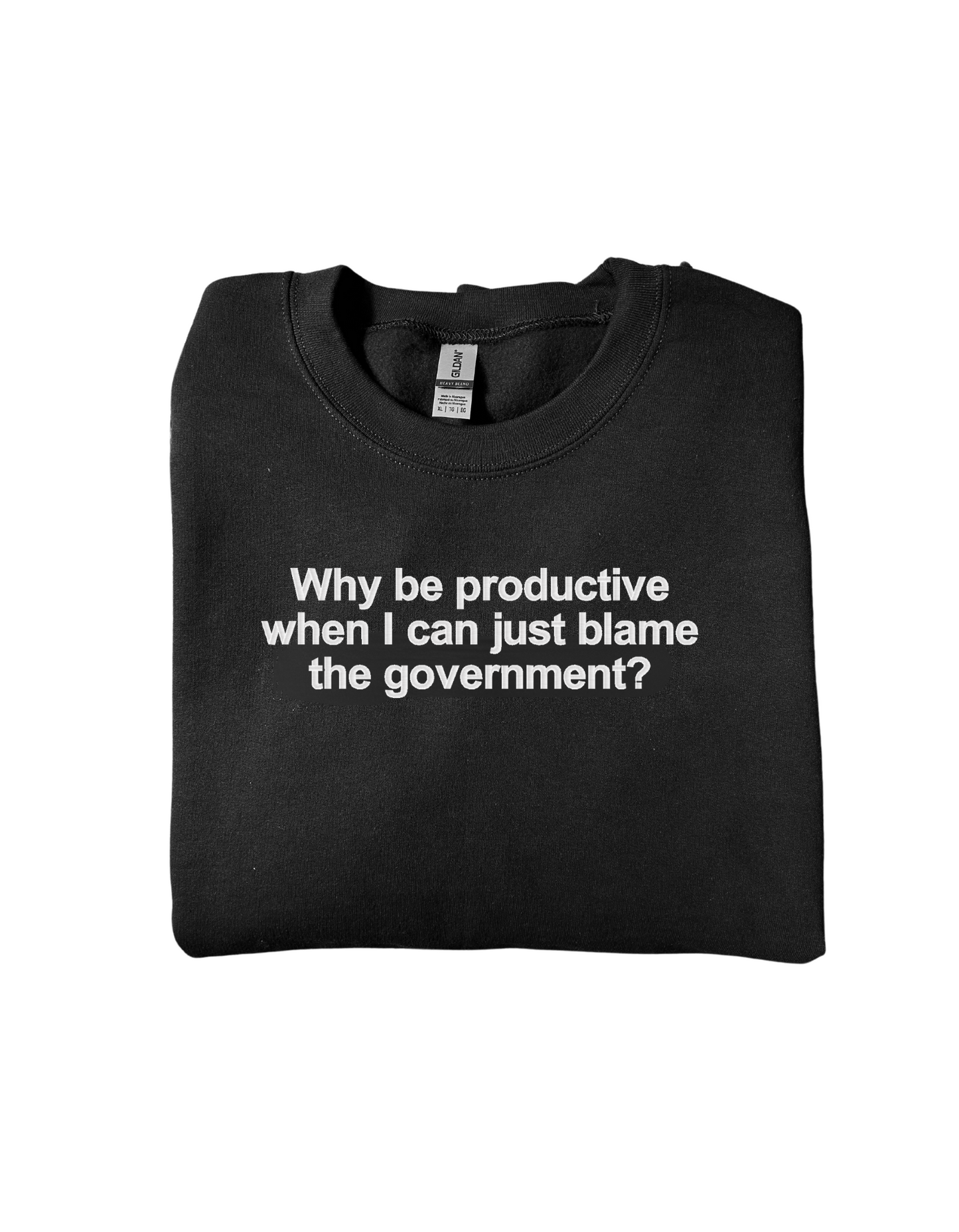 Embroidered 'Why be productive when I can just blame the government' Hoodie or Crew Neck, Long Sleeve, Classic fit, Unisex, Adult