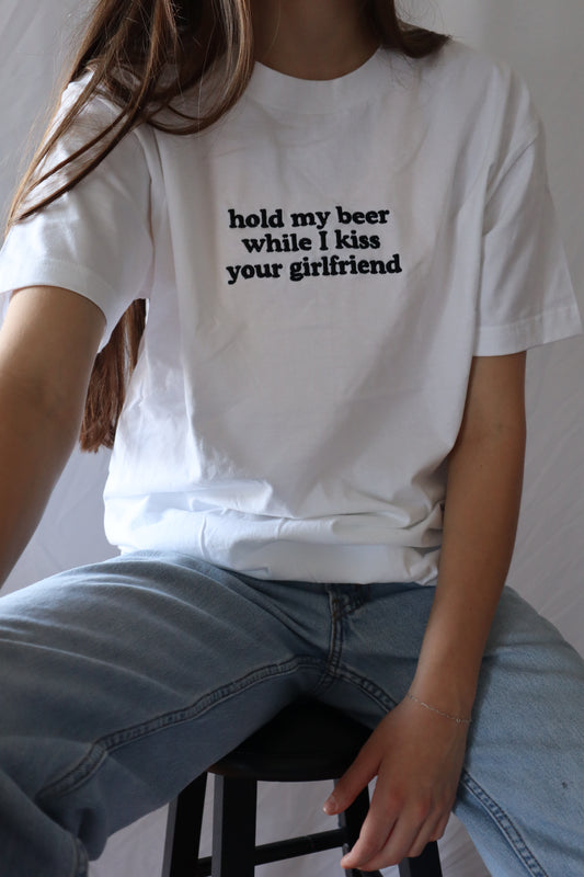 Hold My Beer While I Kiss Your Girlfriend, Long Sleeve, Classic Fit, Unisex Adult, Hoodie or Crew Neck Sweatshirt