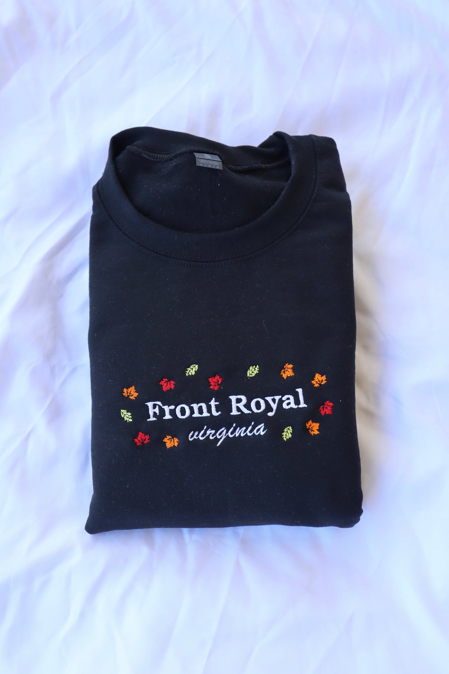 Embroidered "Front Royal Virginia Fall Leaves" Hoodie or Crew Neck, Long Sleeve, Classic fit, Unisex, Adult