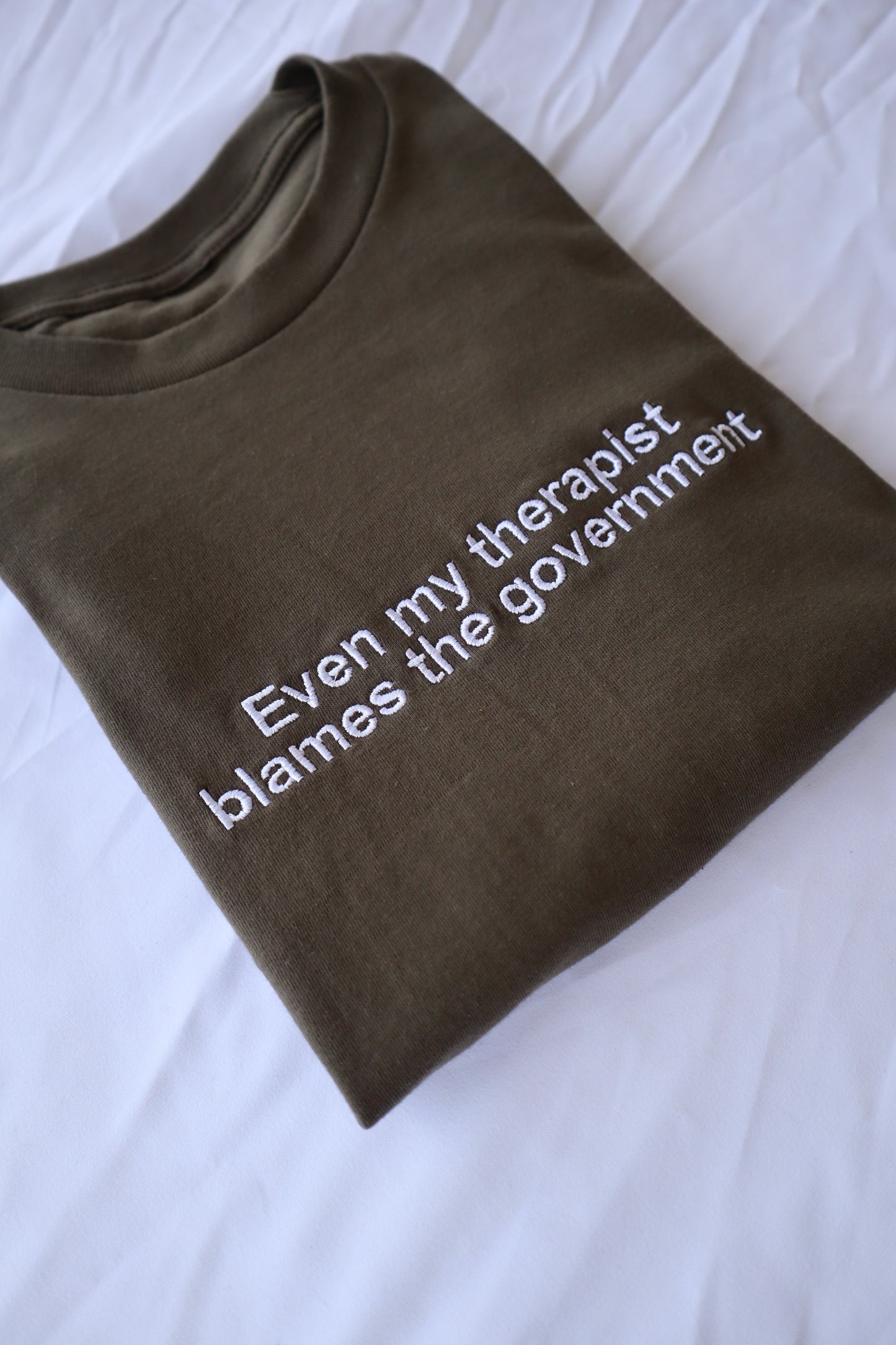 Even my therapist blames the government, Short Sleeve, Modern Classic Fit, Unisex, Adult T-Shirt