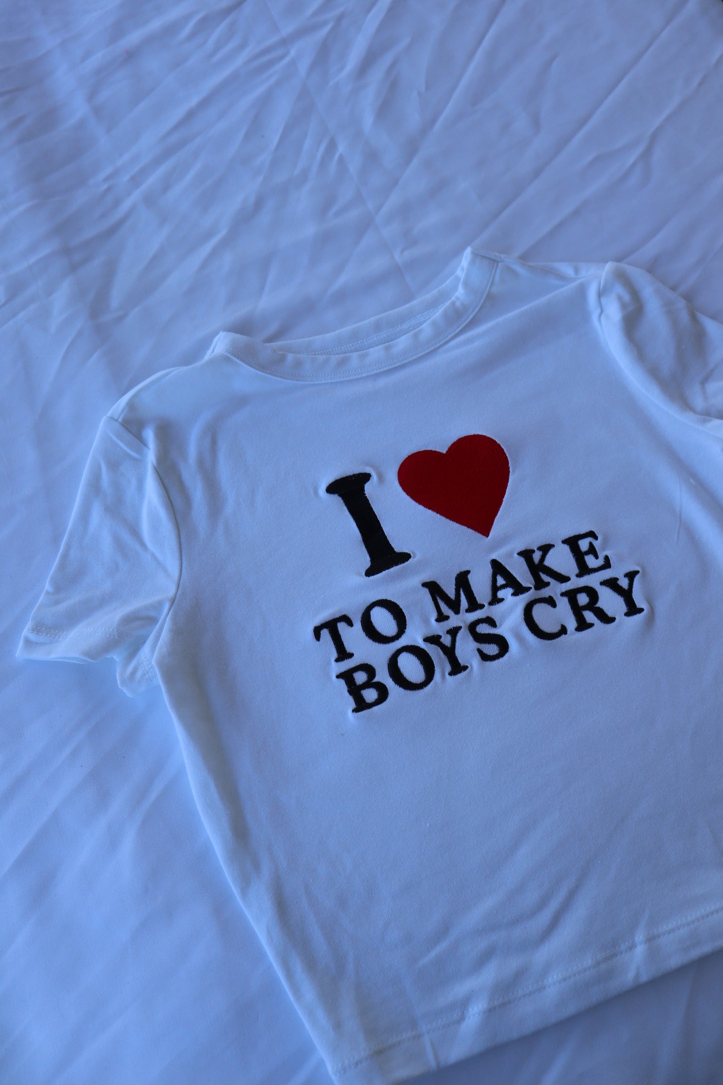 I Love To Make Boys Cry, Short Sleeve, Crop Top, Fitted, Female, Adult Baby Tee