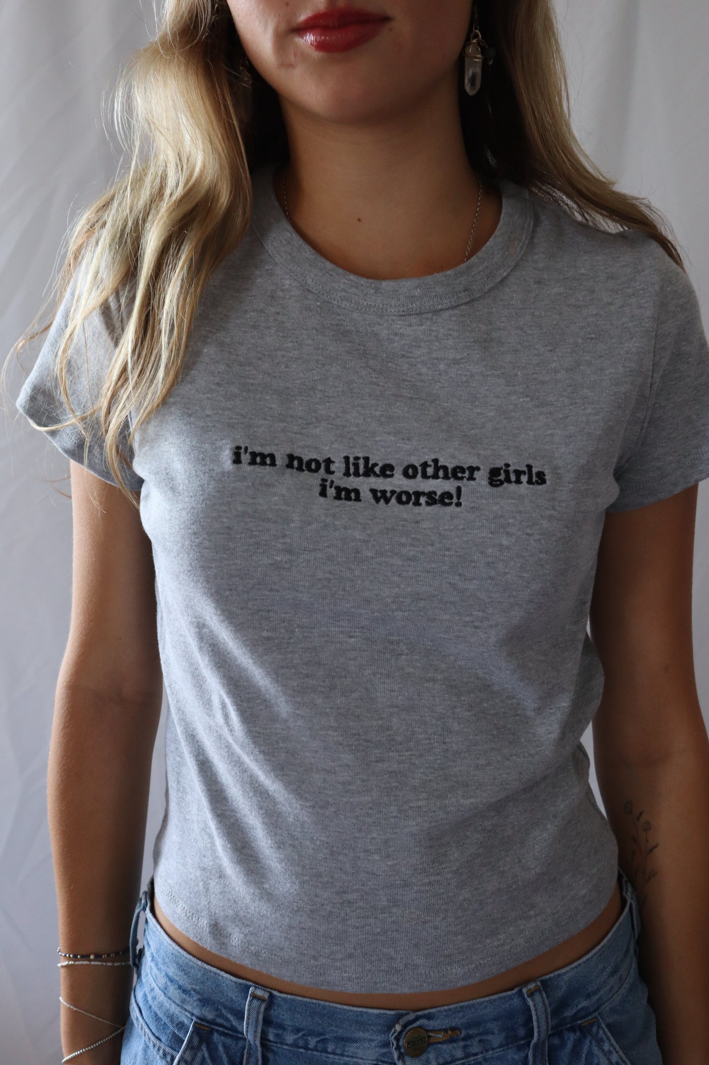 Embroidered ‘I'm Not Like Other Girls I'm Worse' Cropped Short Sleeve T-Shirt, Petite Fit, Adult Female