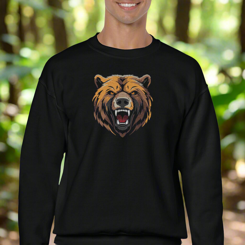 Embroidered Bear Head, Hoodie or Crewneck, Long Sleeve, Classic Fit, Unisex, Adult Sweatshirt