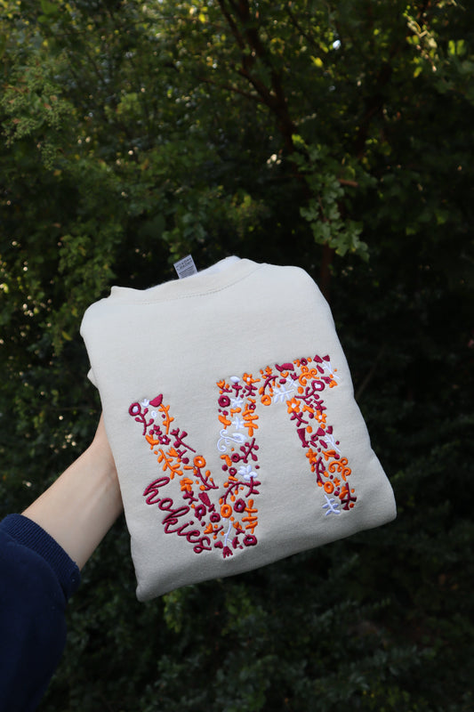 Embroidered "VT Floral College" Hoodie or Crew Neck, Long Sleeve, Classic fit, Unisex, Adult