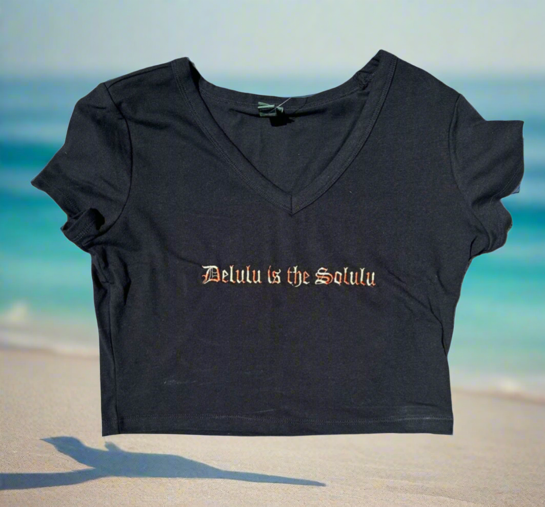 Delulu is the Solulu, V-Neck (LIMITED SUPPLY), Short Sleeve, Crop Top, Adult, Female, Embroidered T-Shirt