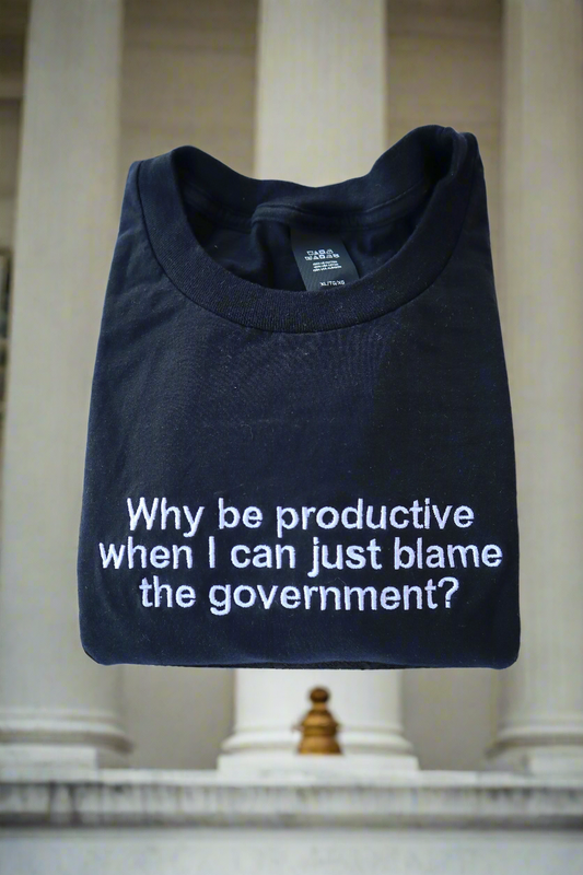 Embroidered 'Why be productive when I can just blame the government' Hoodie or Crew Neck, Long Sleeve, Classic fit, Unisex, Adult