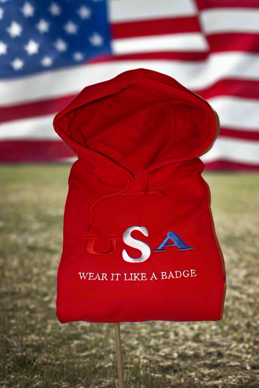 USA—Wear It Like a Badge Embroidered Hoodie/Crewneck, Long Sleeve, Classic Fit, Unisex Adult