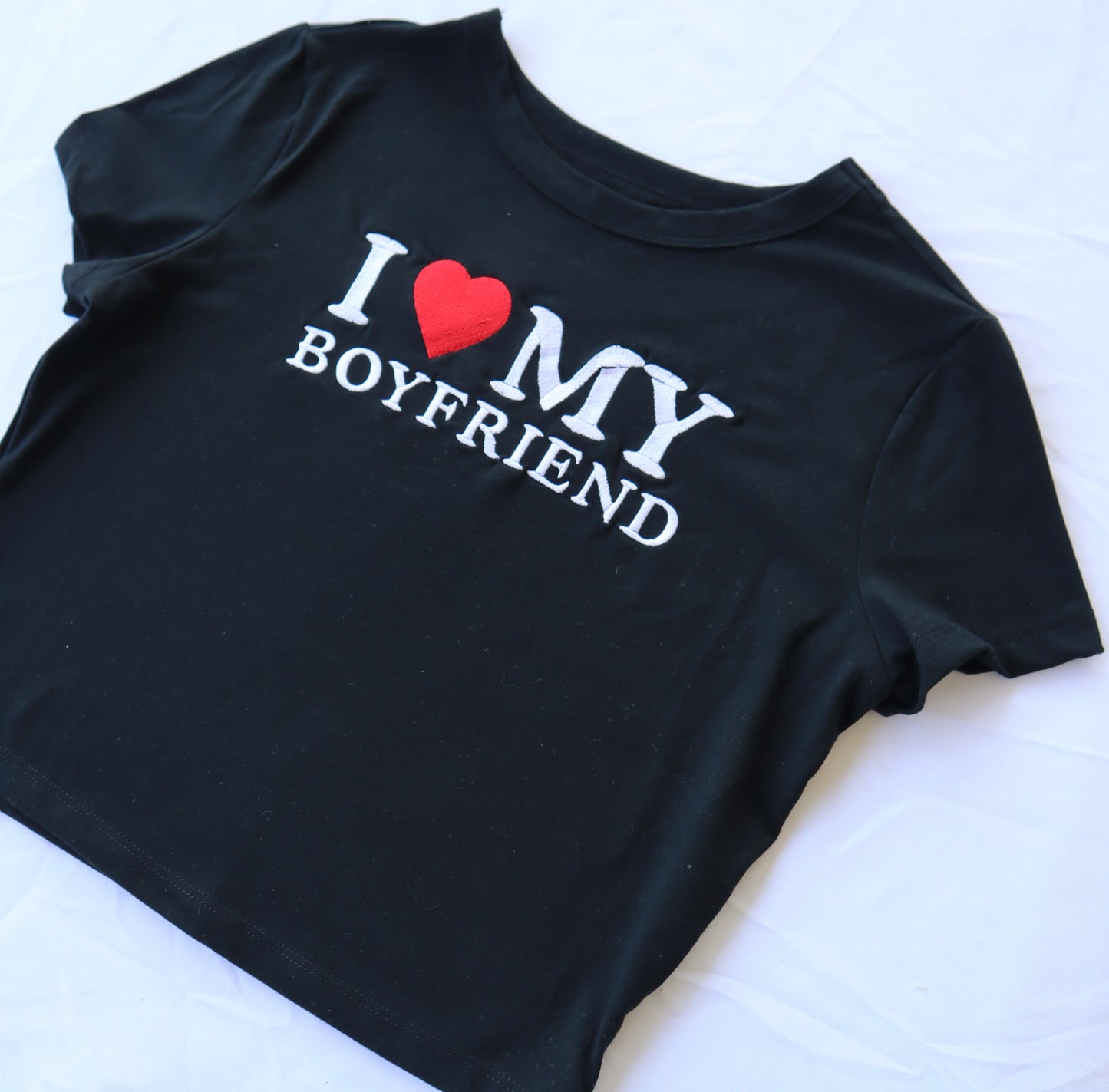 I Love My Boyfriend, Short Sleeve, Crop Top, Fitted, Female, Adult Baby Tee