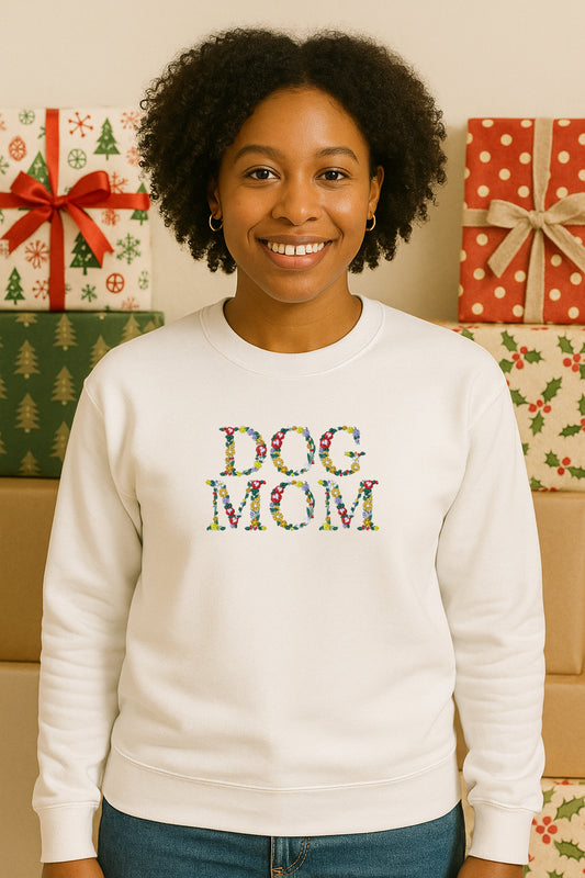 Embroidered Floral Dog Mom Hoodie or Crewneck, Holiday Sweatshirt, Unisex, Classic Fit, Long Sleeve, Adult