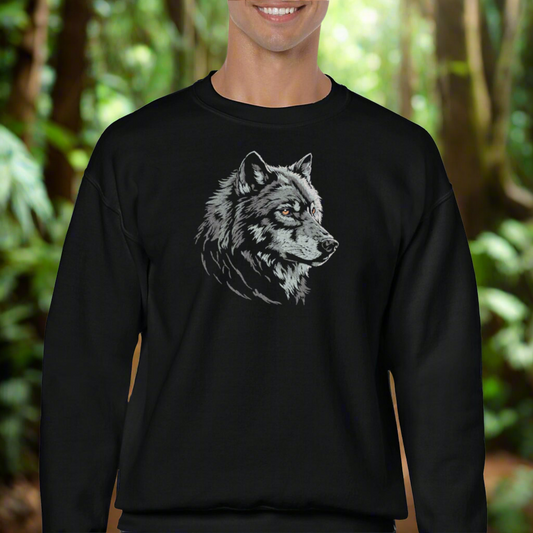 Embroidered Wolf Head, Hoodie or Crewneck, Long Sleeve, Classic Fit, Unisex, Adult Sweatshirt