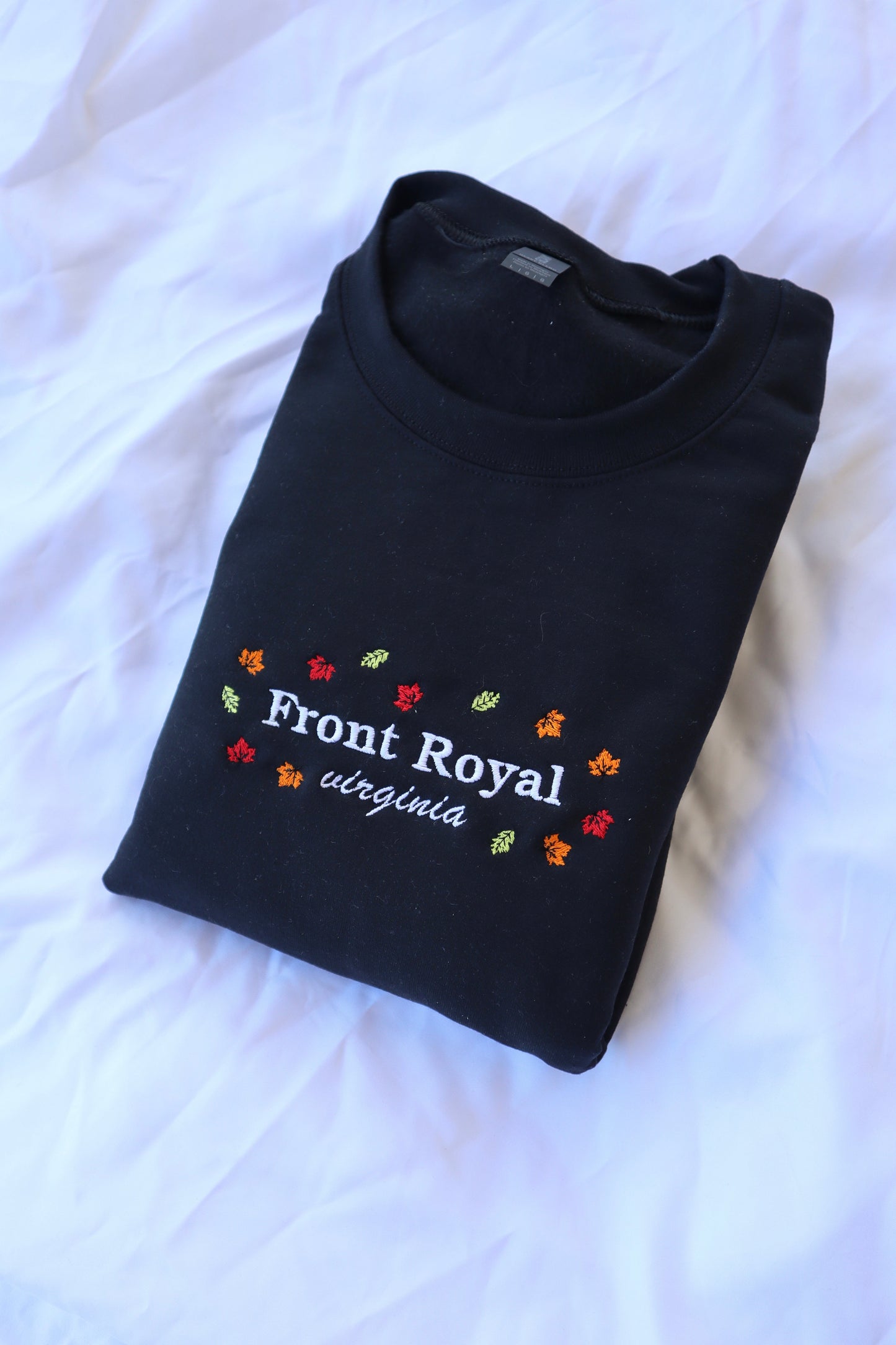 Embroidered "Front Royal Virginia Fall Leaves" Hoodie or Crew Neck, Long Sleeve, Classic fit, Unisex, Adult