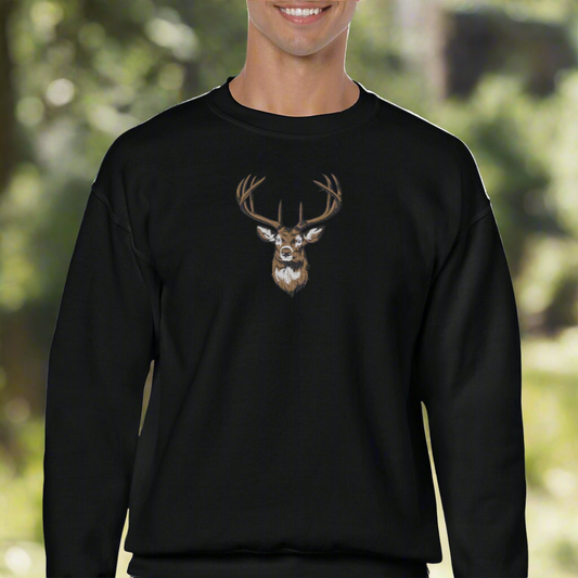 Embroidered Buck Head, Hoodie or Crewneck, Long Sleeve, Classic Fit, Unisex, Adult Sweatshirt