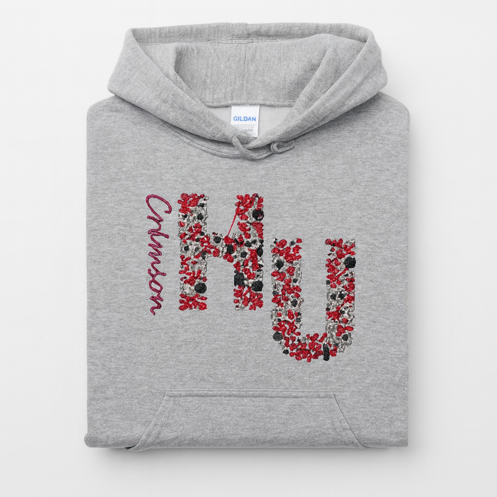 Embroidered Floral HU Hoodie/Crewneck, Long Sleeve, Classic Fit, Unisex Adult