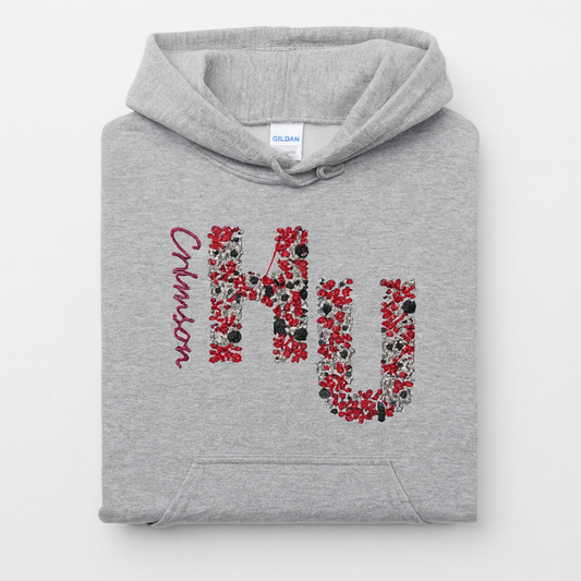Embroidered Floral HU Hoodie/Crewneck, Long Sleeve, Classic Fit, Unisex Adult