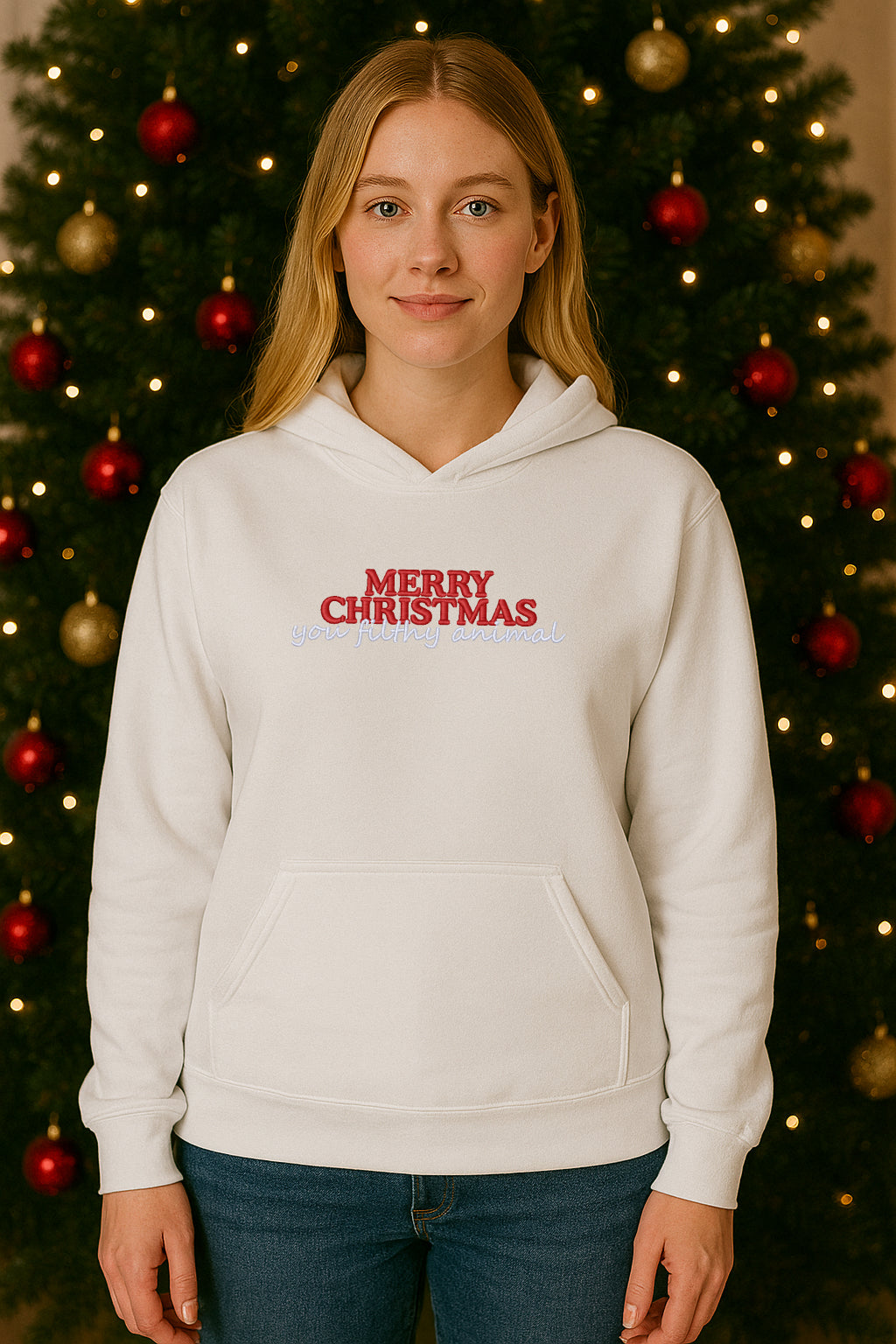 Embroidered "Merry Christmas you filthy animal" Christmas Hoodie or Crewneck, Holiday Sweatshirt, Unisex, Classic Fit, Long Sleeve, Adult