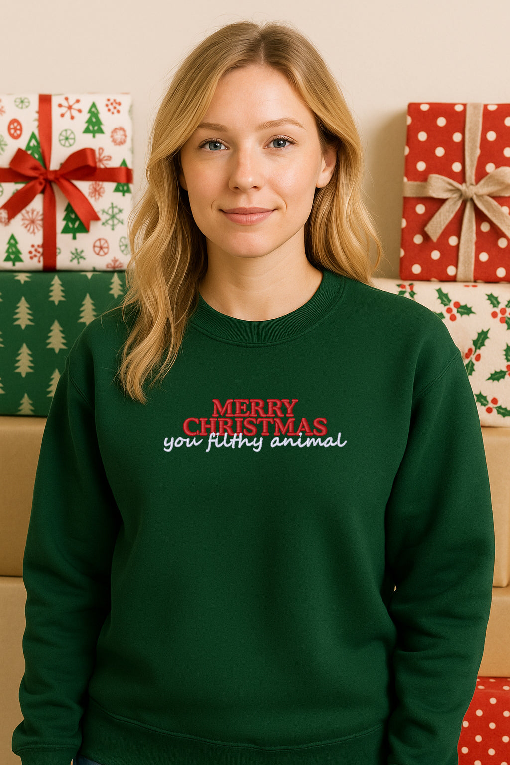 Embroidered "Merry Christmas you filthy animal" Christmas Hoodie or Crewneck, Holiday Sweatshirt, Unisex, Classic Fit, Long Sleeve, Adult
