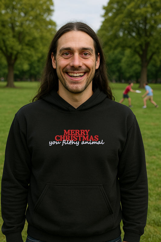 Embroidered "Merry Christmas you filthy animal" Christmas Hoodie or Crewneck, Holiday Sweatshirt, Unisex, Classic Fit, Long Sleeve, Adult