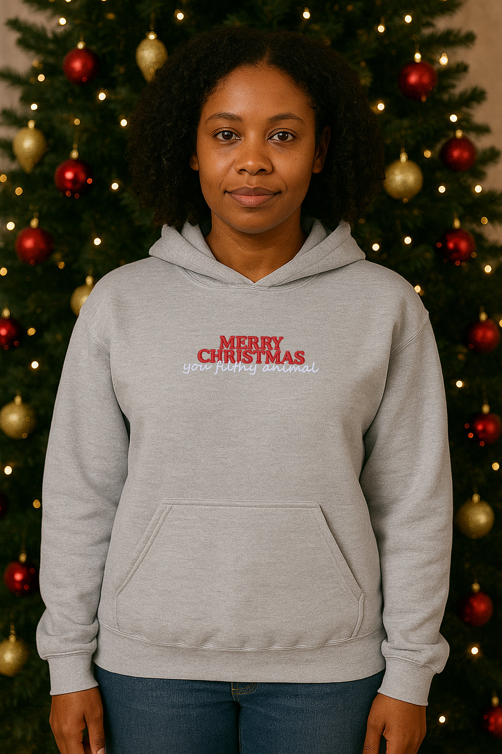 Embroidered "Merry Christmas you filthy animal" Christmas Hoodie or Crewneck, Holiday Sweatshirt, Unisex, Classic Fit, Long Sleeve, Adult