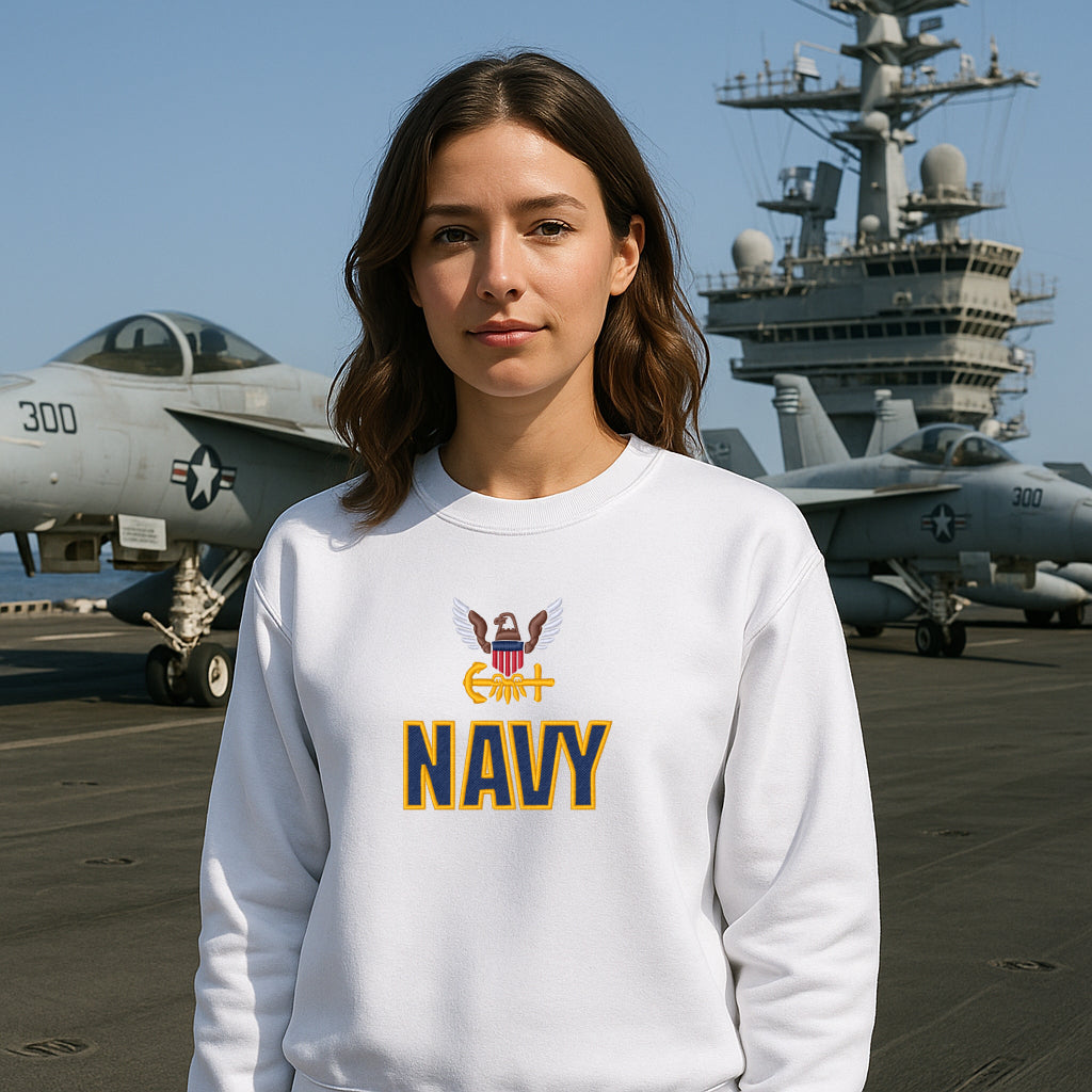 U.S. Navy Embroidered Hoodie or Crewneck, Long Sleeve, Classic Fit, Unisex Adult
