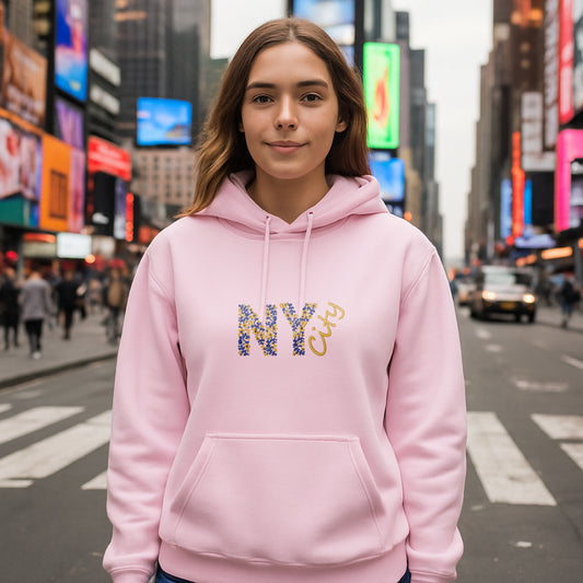 Floral Embroidered NY City Hoodie Long Sleeve Classic fit Unisex Adult Casual Everyday Wear
