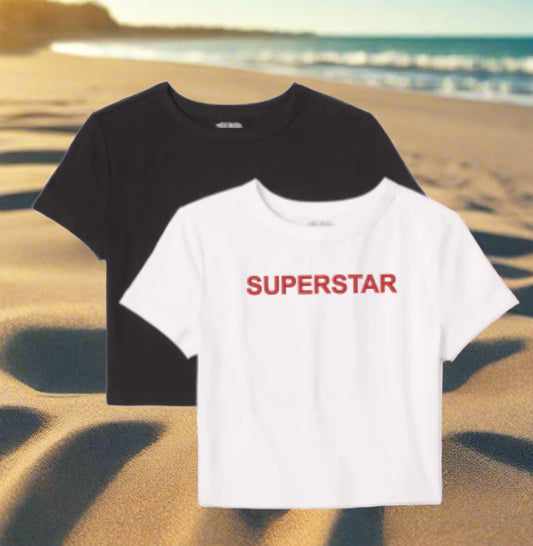 Embroidered, SUPERSTAR, Short Sleeve, Crop Top, Adult Female, T-Shirt
