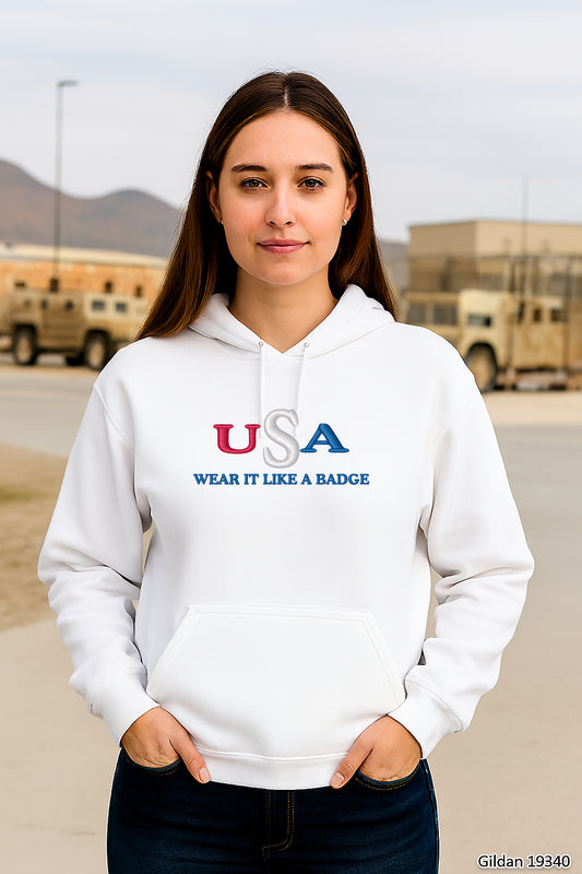 USA—Wear It Like a Badge Embroidered Hoodie/Crewneck, Long Sleeve, Classic Fit, Unisex Adult