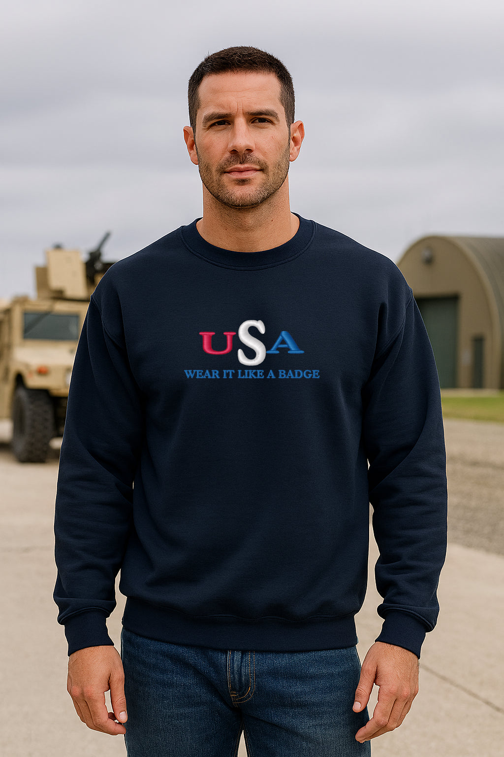 USA—Wear It Like a Badge Embroidered Hoodie/Crewneck, Long Sleeve, Classic Fit, Unisex Adult