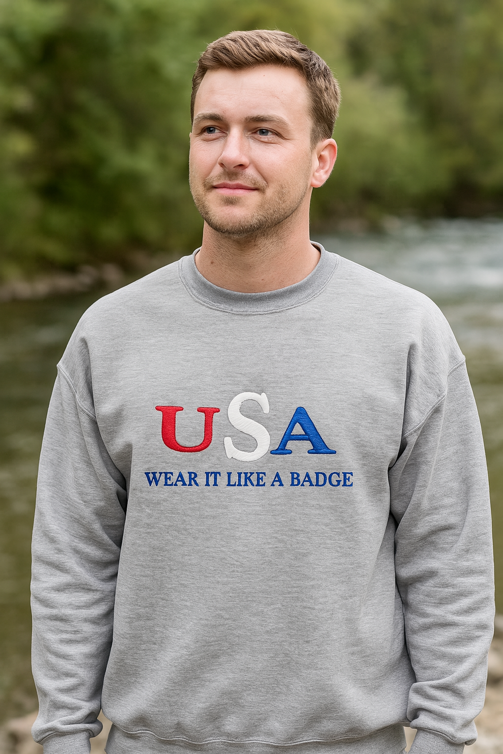USA—Wear It Like a Badge Embroidered Hoodie/Crewneck, Long Sleeve, Classic Fit, Unisex Adult
