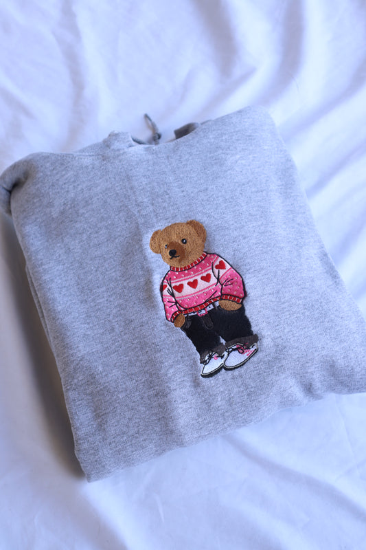 Embroidered Valentine’s Day “Teddy Bear with Heart Sweater” Hoodie/Crewneck, Holiday Sweatshirt, Unisex, Classic Fit, Long Sleeve, Adult