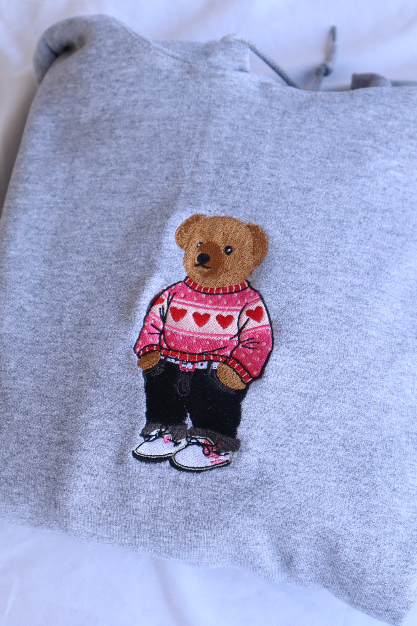 Embroidered Valentine’s Day “Teddy Bear with Heart Sweater” Hoodie/Crewneck, Holiday Sweatshirt, Unisex, Classic Fit, Long Sleeve, Adult