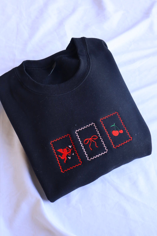 Embroidered Valentine's Day "Valentine's Postage, Angel, Bow, Cherries", Hoodie or Crew Neck, Long Sleeve, Classic fit, Unisex, Adult