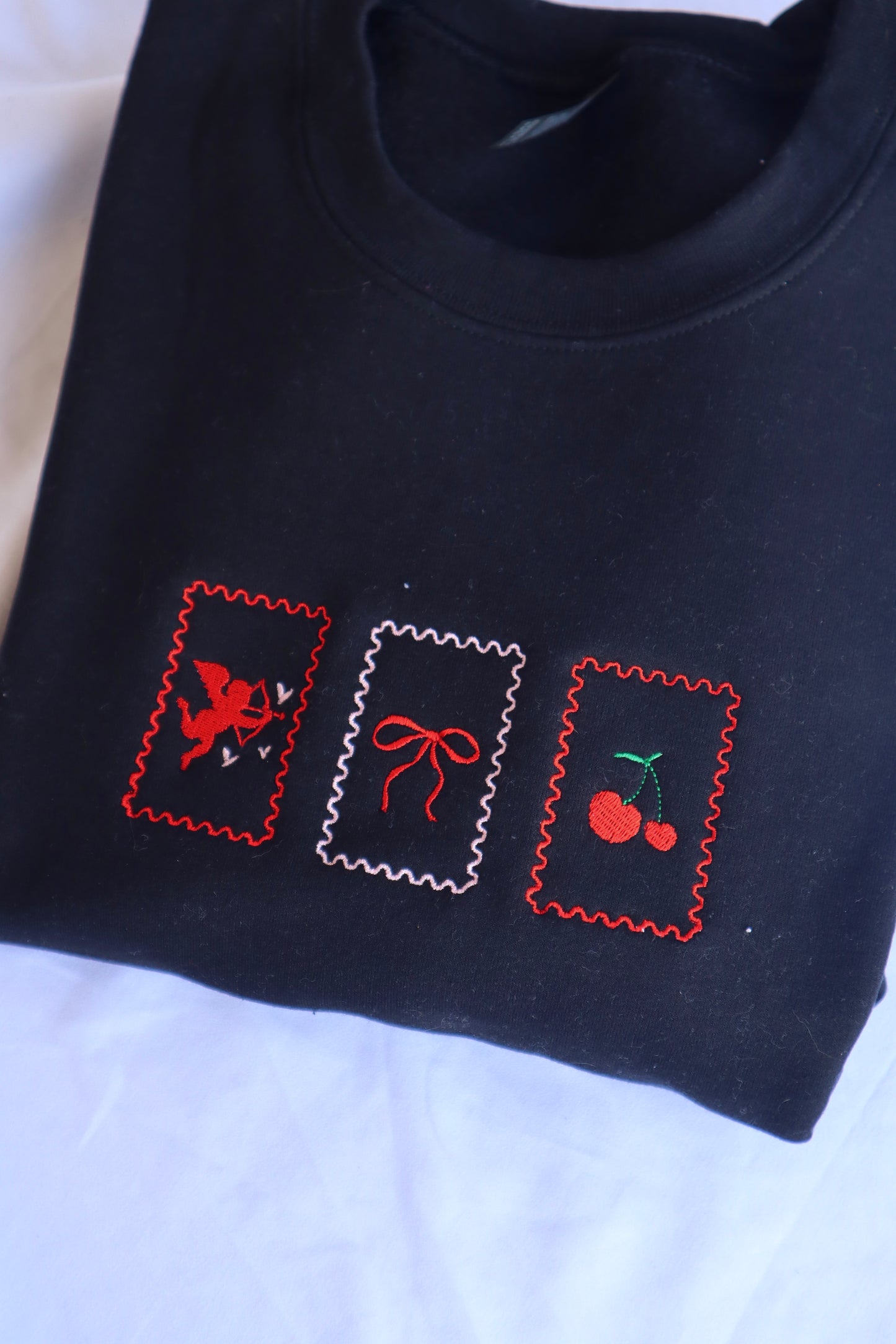 Embroidered Valentine's Day "Valentine's Postage, Angel, Bow, Cherries", Hoodie or Crew Neck, Long Sleeve, Classic fit, Unisex, Adult