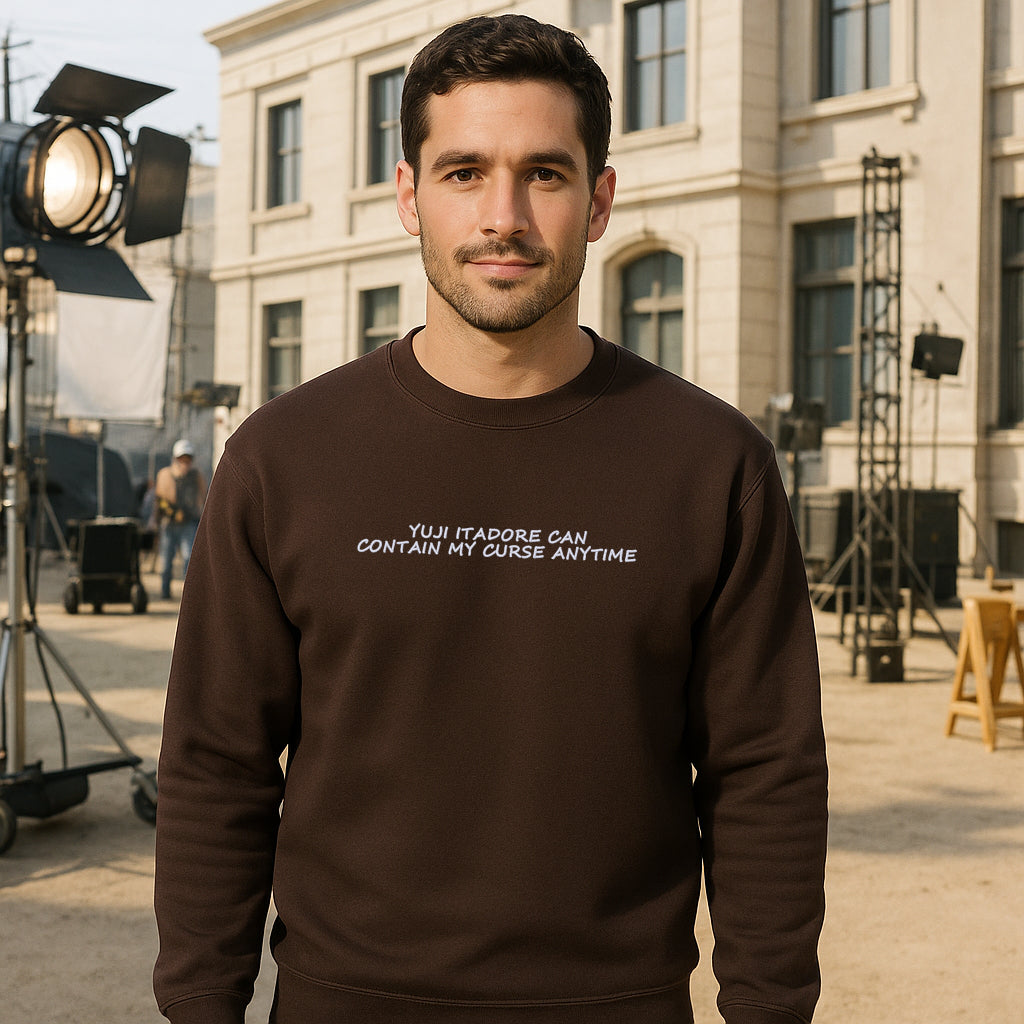Embroidered, Yuji Itadori can contain my curse anytime, Hoodie or Crew Neck Long Sleeve, Classic fit, Unisex, Adult